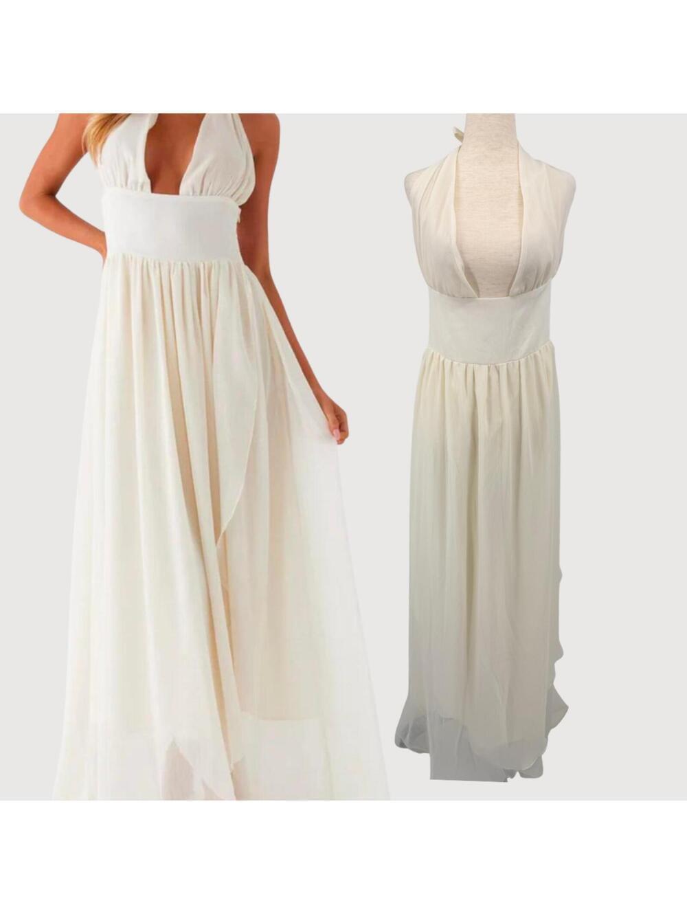 Peppermayo Chiffon Maxi Dress Cream Plunge Halter 18